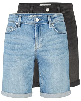 ONLY & SONS ONSPLY Lot de 2 shorts pour homme, coupe droite, avec poches, basiques, en denim, couleur unie, fermeture éclair, noir, bleu, tailles S, M, L, XL, XXL