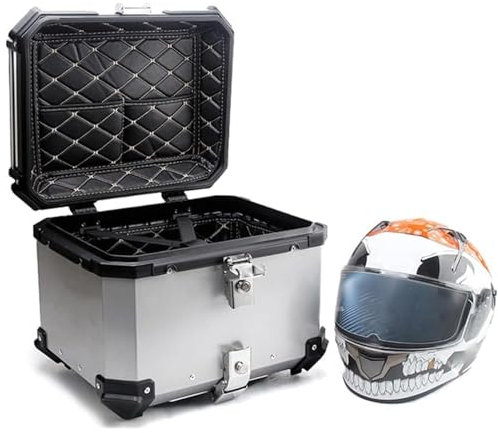 Motorcycle Bag solid Helmet Case,Motorcycle Suitcase,Waterproof Top Case Box Motorcycle,Motorräder Zur Aufbewahrung Von Helm-Gepäckbox,Aluminium Top, Schwarz/Silberner (Color : Silver, Größe :