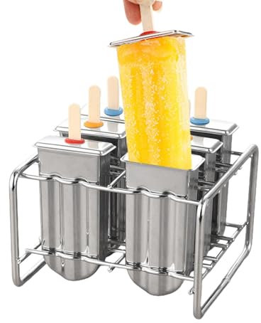 Moule à glace en acier inoxydable, moule à glace en métal – Moule à glace – 6 moules à glace en acier inoxydable avec 100 bâtonnets en bois, moule à crème glacée maison avec support