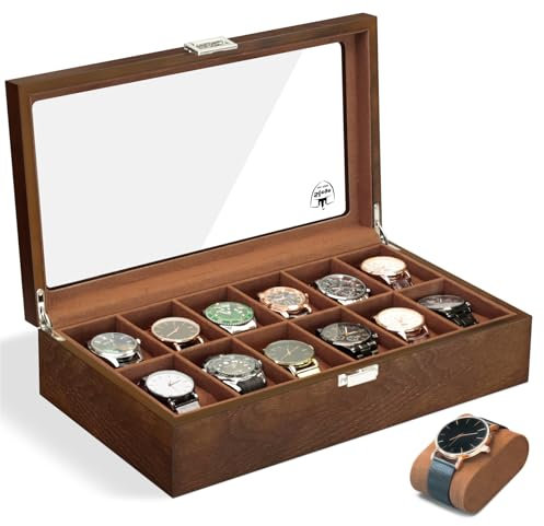 Slege Wooden Watch box,Handcraft Watch Case for Men- 12 Solt, Watch Storage box, Watch Holder Organizer for Men, Watch Display Case With Glass Top,Watch Stand Gift (Brown)
