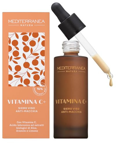 MEDITERRANEA COSMETICS Siero Viso Biologico con Vitamina C Antimacchie Illuminante Idratante con Bakuchiol Aloe Vera e Barbabietola per Pelle Uniforme e Radiosa 30 ml