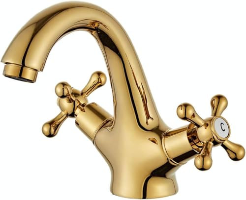 Hefo Robinet de salle de bain, mitigeur doré, robinet vintage à double poignée, robinets de lavabo avec eau chaude et froide réglable