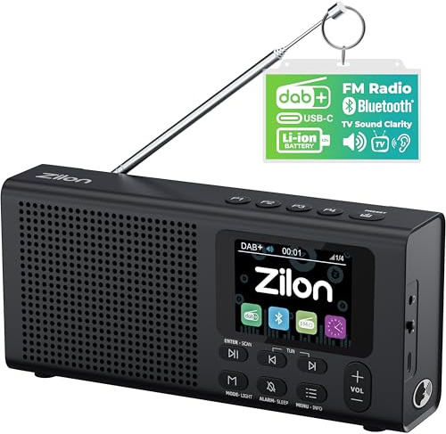 ZILON Radio Portatile DAB+ FM Digitale Piccola Bluetooth Ricaricabile con Batteria 2200 mAh Altoparlante Wireless Compatto per TV USB-C Schermo LCD a Colori Cucina Lavoro Campeggio Sveglia Orologio