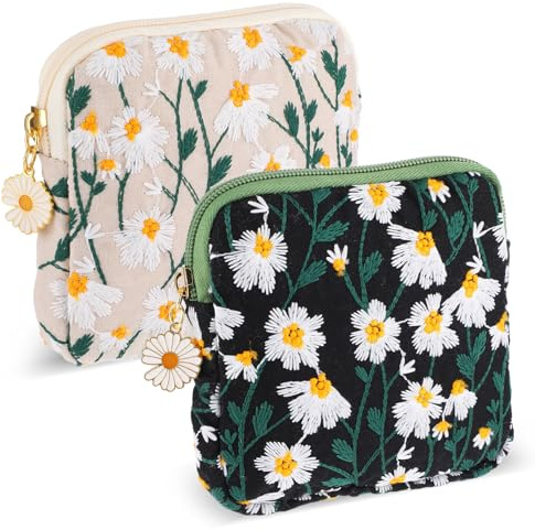 Ymapinc 2 Stück Stickerei Binden Aufbewahrung Kleine Tasche für Hygieneartikel Mini Tasche Baumwolle Kosmetiktasche für Frauen(12x12cm)