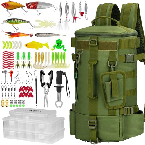 THKFISH 84-teiliges Angelrucksack Werkzeugsatz, Angelzubehör Kit Angeltasche für Angeln, inklusive Angelzangen, Ködern, Fischhakenentferner und Lip Gripper,Angeln Köder Kits
