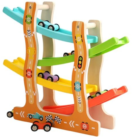 Wooden Race Track Toy, Car Slide Playset, ZigZag Ramp, Engaging Complete Set With 6 Cars for 1-3 Year Old Boys