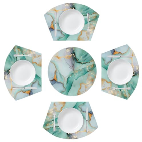 Mexpekil Mint Green Golden Marble Print Placemats Set of 4 for Round Table Wedge Place Mats with Centerpiece Heat Resistant Washable Plate Mats for Kitchen (5 Pcs)