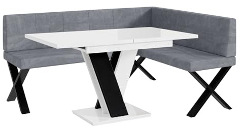 MEBLINI Eckbank für Esszimmer mit ausziehbarem Tisch - Küchenbank - Essecke - Sitzecke Küche - Peter - X-Beine 128x168x87cm Rechts - Grau Samt/M Weiß-Schwarz Hochgl.