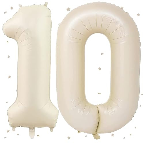 Luftballons, 10 Beige, 101 cm, Foil Ballons, Zahl 10, cremefarben, großer Ballon, Dekoration 10 Jahre, für Jungen und Mädchen, Geburtstag, Party, Deko
