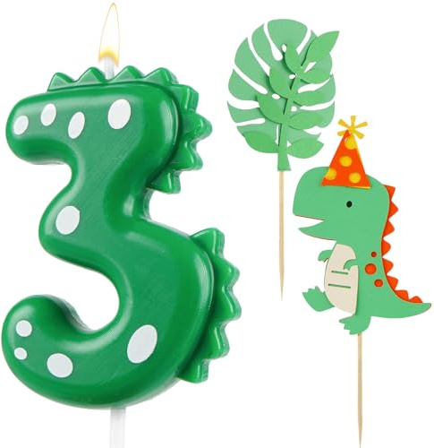 AIBAOBAO Födelsedagsljus nummer 3, ljus födelsedag dinosaurie, med 2 x dino tårtdekoration, födelsedagsljus, ljus födelsedag, ljus 3, grönt nummerljus för tårta barn 3 år pojke flicka