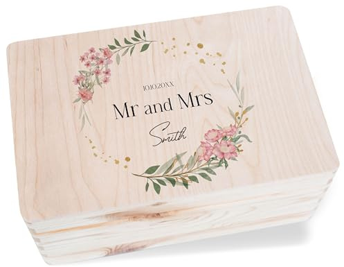 Holzkiste Erinnerungsbox - Holzbox Mr and Mrs Name Datum I Persönliche Geschenke zur Hochzeit I Hochzeitsgeschenk für Brautpaar Geschenkbox I Geldgeschenk Heirat Sparbüchse Brautpaar - 30x20x14 cm