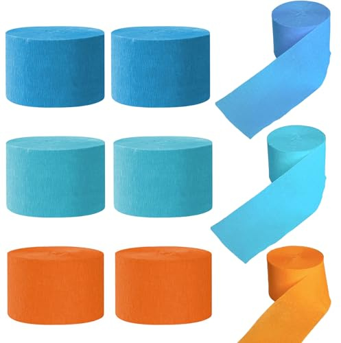 Krepppapier 6 Rollen 150 m, Kreppband Satz von blau,orange Creppapier, Krepp Papier für Partydekorationen, Geburtstagsdekorationen, Hochzeitsdeko (4,5 cm x 25 m/Rolle)