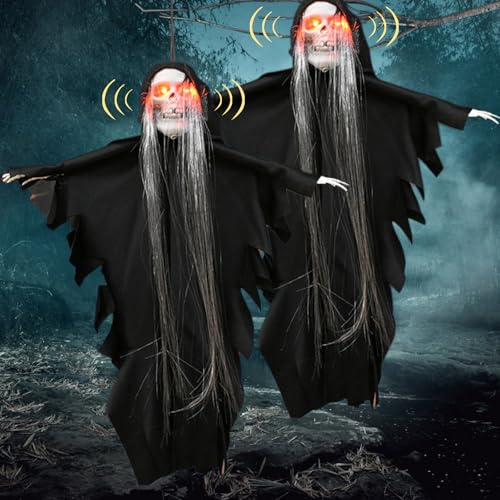 Halloween Deko Skelett, 2 Stück Langes Haar Halloween Skelett, mit Sprachkontrollfunktion, Wird Glühen, 35 cm, Horror Hängen Kleiner Hängegeister, für Dekorationsparteien, Garten, Innen & Outdoor