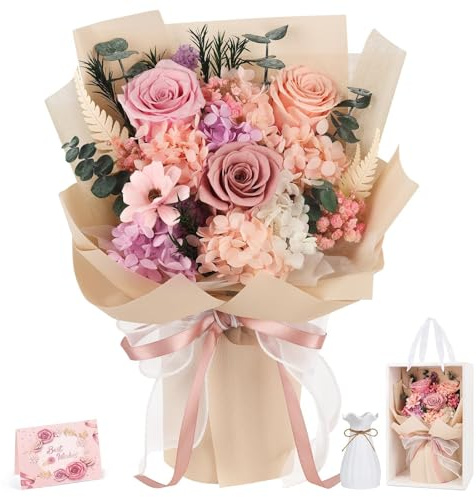 Preserved Flowers Bouquet Flowers Delivery Next Day Prime Real Forever Roses Bouquet Last 3-5 Years for Women Mom Wife Girlfriend Anniversary Christmas Thanksgiving Birthday valentines for Her (Pink)