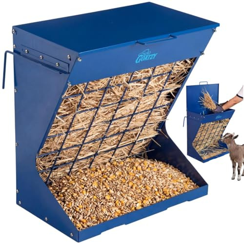 Wall Mount Hay Feeder for Goats, Covered Hay Feeder for Horses with Roof, 2in1 25 Gallon hay Rack & Grain, Hanging Hook on Fence Mount, Galvanized Steel Goat hay Feeder for Sheep Cattle - Blue