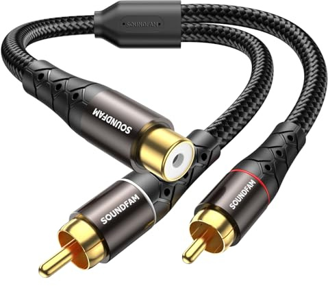 SOUNDFAM RCA Y Splitter RCA/Phono Splitter Kabel 1 Buchse Auf 2 Stecker [Vergoldeter Stecker] Für Subwoofer, TV, CD-Player, Heimkino-Schwarz (30cm)