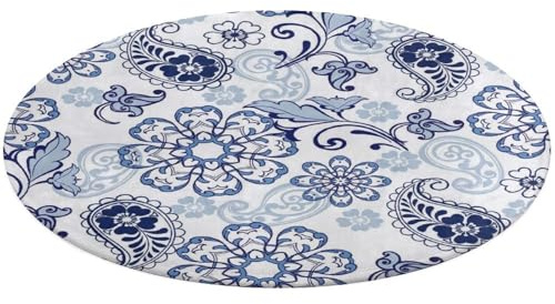 Anceky Alfombra Redonda de 89 cm, Antideslizante, Ideal para Entrada, para Exterior o Interior, con Estampado Floral Tradicional de Cachemira índigo Oriental sobre Blanco.