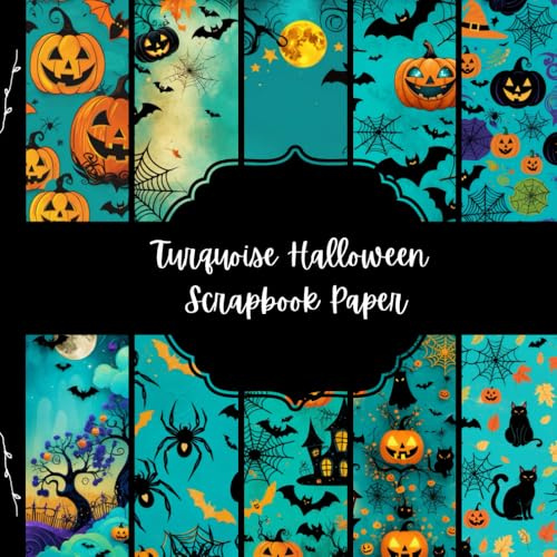 Turquoise Halloween Scrapbook Paper, Spooky Junk Journal Paper, Scary Decorative Paper, DIY Projects, Origami, Collage Sheets, Decoupage Paper, 10 Designs, Double Sided