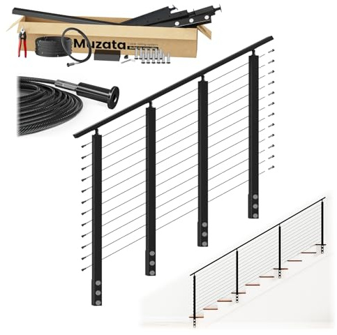 Muzata 8-12FT Upgraded Pre-Crimped Side Mount Black Complete Cable Railing Kit for Stairs 42 Inch Cable Railing System with Post Handrail Left & Right Universal Space-Saving Fascia Mount RC15