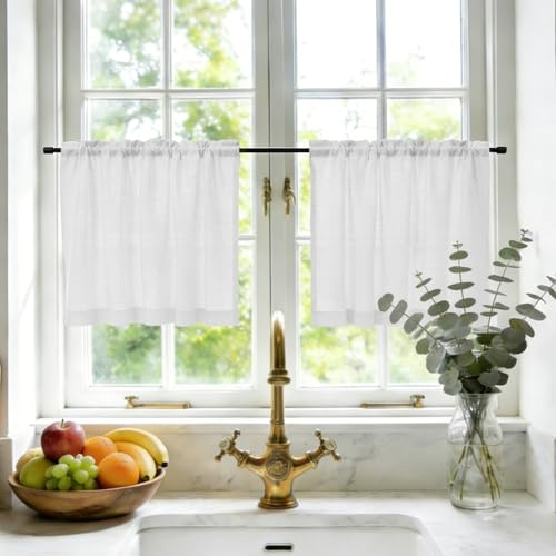 GFCC Scheibengardinen modern Leinenoptik Kurz 2Per H45xB60cm Weiß Küchengardinen Bistrogardine Wohnwagen Vorhänge Landhausstil Gardine für Küchen Schrank Wohnwagen Klein Fenster