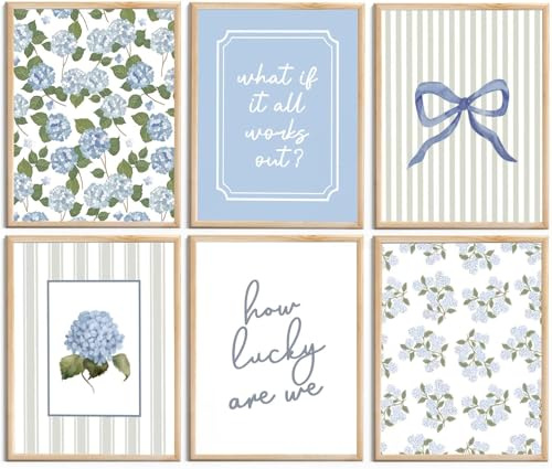 6Pcs Blue Hydrangea Bow Canvas Wall Art How Lucky Are We Poster Prints Trendy Striped Coquette Paintings Pictures Sage Green Coastal Preppy Aesthetic Wall Decor for Girl Room Dorm 20X25cm unframed