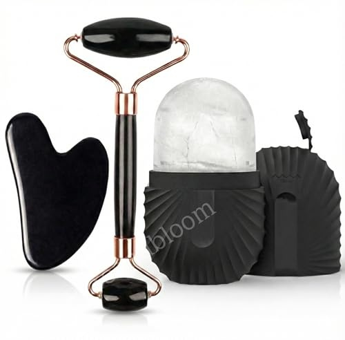 Kit de masaje facial 3 en 1 - Rodillo de cuarzo rosa y obsidiana, Gua Sha y Ice Roller| Rutina brillante, antibolsillos y drenaje linfático. Estuche de crioterapia facial y elevación natural (Negro)