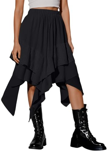 Jupe midi asymétrique à volants pour femme - Taille haute élastique - Plissée - Style gothique - Jupe festive - Jupe plissée - Avec poches - Taille haute - Jupe longue médiévale, A01 noir., M