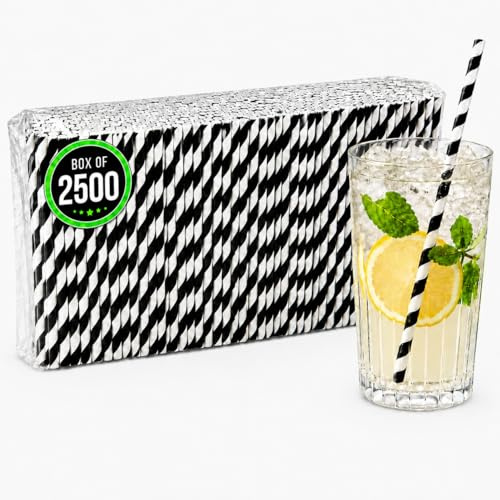 2,500 x bar@drinkstuff Black & White Stripe Paper Straws Biodegradable Eco 8 (200mm x 6mm) (5 x 500)