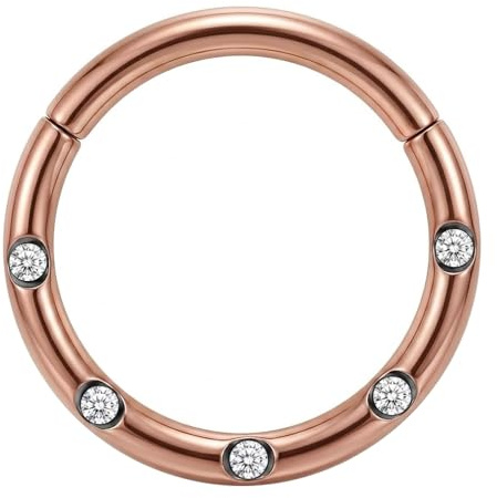 Calibro 16 - Diametro 7 mm Acciaio Chirurgico anodizzato Oro Rosa 5 Pietre di Cristallo Pavé incernierato Segmento incernierato Anello nasale Gioielli da Piercing al setto