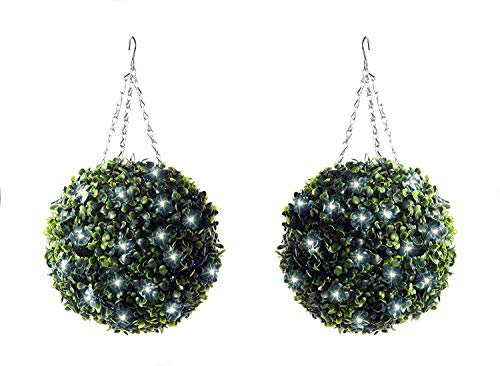 Best Artificial Pair of 28cm Pre Lit Boxwood Buxus Topiary Balls with 30 Bright White LED Waterproof Battery Lights