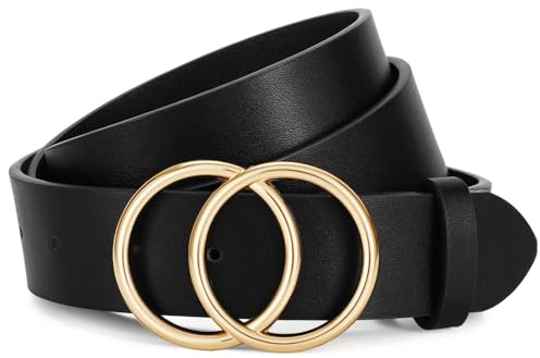JasGood Damen Ledergürtel Mode Doppel O-Ring Schnalle Gürtel für Jeans Hosen Kleider,Schwarz/Goldene Schnalle,140cm