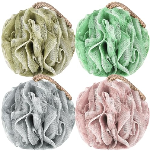 Loofah Sponge Pack of 4, Deep Cleansing Body Scrubber for Shower, Exfoliating Bath Sponge with Handle for Women and Men (001, 50g)