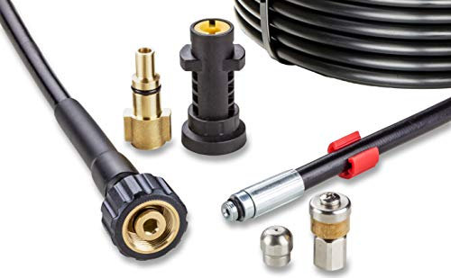 Tuyau Déboucheur Canalisation pour Nettoyeur Haute Pression 15m, 200 bar - Kit Furet compatible Karcher, Parkside, Lavor, Bosch Professional - avec Buse Fixe, Buse Rotative KNOFER