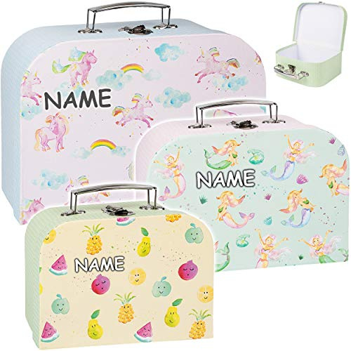 alles-meine.de GmbH Koffer/Kinderkoffer - MITTEL - Einhörner & Meerjungfrau & Obst - incl. Name - 25 cm - ideal für Spielzeug und als Geldgeschenk - Mädchen & Jungen - Pappkoff..
