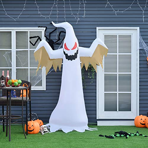 HOMCOM Halloween Aufblasbares Gespenst Mit LEDs 150x80x240 cm Weiß+Rot | 2,4 m Dekoration, IP44, Selbstaufblasender Polyester
