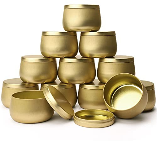 Gukasxi Candele in metallo da 226,8 g, 12 pezzi, 226,8 g, con coperchio, per la creazione di candele fai da te, candela vuota in metallo, stagno in alluminio, barattolo per candele (oro)