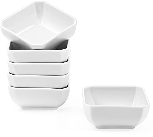 Yedio Square Dipping Bowls Set of 6, 6 Oz Small Porcelain Sauce Bowls for Side Dishes, Appetizers, Snacks, Baking & Dessert, White, Oven Safe