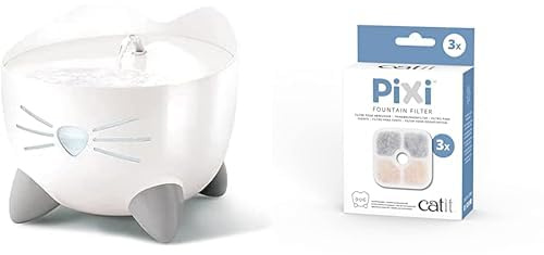 Catit Pixi Trinkbrunnen für Katzen, 2,5L, weiß + Pixi Ersatzfilter, Trinkbrunnenfilter für die Catit Pixi Trinbrunnen, 3er Pack