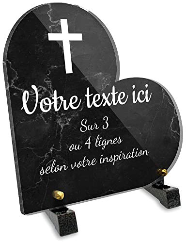 Plaque funéraire Coeur personnalisable en plexi motif Croix Chrétienne, différentes tailles, épaisseur 6mm, personnalisée sur plusieurs lignes 15x15 cm