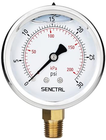 SENCTRL 0-30 PSI Glycerin Liquid Filled Low Pressure Gauge, 2.5 Dial Size, 1/4 NPT, Stainless Steel Case, Lower Mount, for Water Oil Air Pressure Test