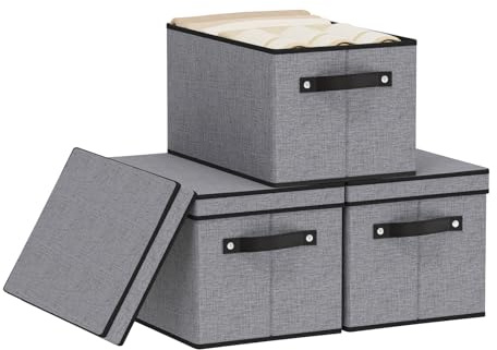 YheenLf 3 Stück Aufbewahrungsbox,Stoffbox mit Griff,Grau,38×25×21cm | Faltbare Aufbewahrungskorb mit Deckel,Aufbewahrungsboxen,Ordnungsboxen,Kleiderbox,Kleiderschrank Organizer