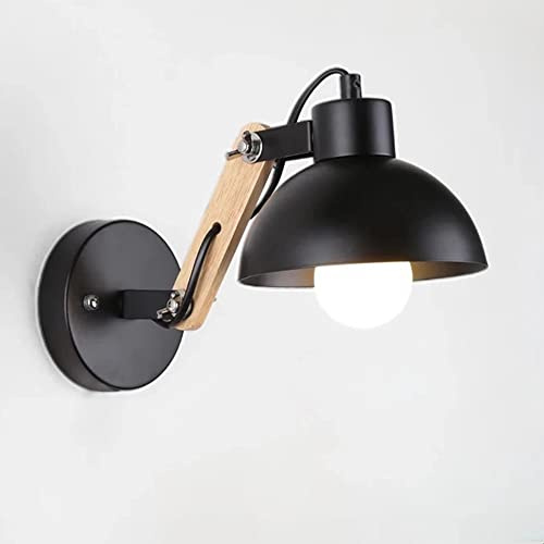 Retro Wandleuchte Verstellbar Holz Schwenkbar Drehbar Arm Wandlampe Metall Lampenschirm Wand-Leselampe Bettlampe E27 Industriellelampe Nachtlicht Wandspot für Schlafzimmer Wohnzimmer (Schwarz)