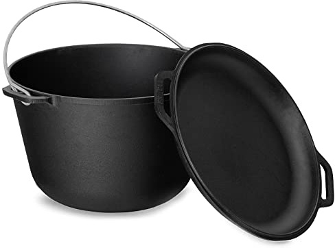 4BIG.fun Chaudron 8 l | Kazan avec couvercle Dutch Oven | Casserole ronde en fonte avec couvercle | Asia Wok Kasan Couvercle/casserole double fonction pour cuisine, camping, jardin, barbecue
