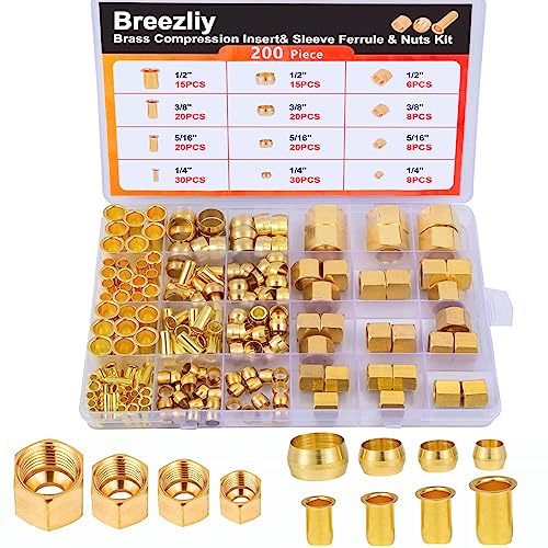 Breezliy Inserto a compressione in ottone 1/4, 3/8, 5/16, 1/2 OD in ottone, ghiera manicotto, dado 200 pezzi