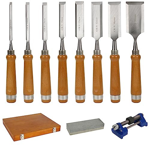 Stechbeitel Set für Holz, 10-Teilig Holzmeißel Set, Holz Stemmeisen Set mit Schleifstein und Schleifführung, Stecheisen Satz, Drehmeißel Set, Schnitzwerkzeug