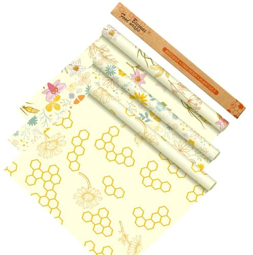 Noveread 3 Rolls Reusable Beeswax Food Wraps 13'' x 59'' Bees Beeswax Storage Wrap for Food Sustainable Honeycomb Floral Organic Cotton Wrap for Bread Sandwich Cheese Fruit