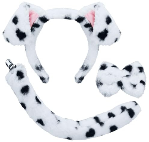 XEPST Dalmatiner djurdräktsset för barn, hundöron och svans med dalmatiskt pannband och hundsvans fluga för djurdräkt Cosplay födelsedag halloween kostymfest