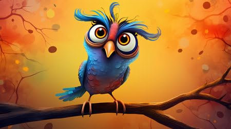 Acryl-Bild 50 x 30 cm: Niedlicher Cartoon-blauer Vogel mit großen Augen, der auf einem Ast sitzt (211583224)