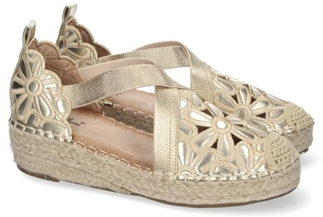 shoes&blues.es 82319-Sandalias de Cuna de Yute para Mujer, Diseno Elegante con Punta Cerrada y Detalles Florales, Ideal para Primavera-Verano, Comodas y Versatiles.. Talla 37 Oro