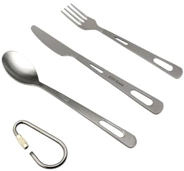 RISON-Titanium Titan Campingbesteck Set, 4 Stück Titan Gabel-Löffel-messer Kombi Reisebesteck mit Karabiner und Aufbewahrungstasche, Outdoor Koch Geschir Wandern Rucksack Tägliche Utensilien